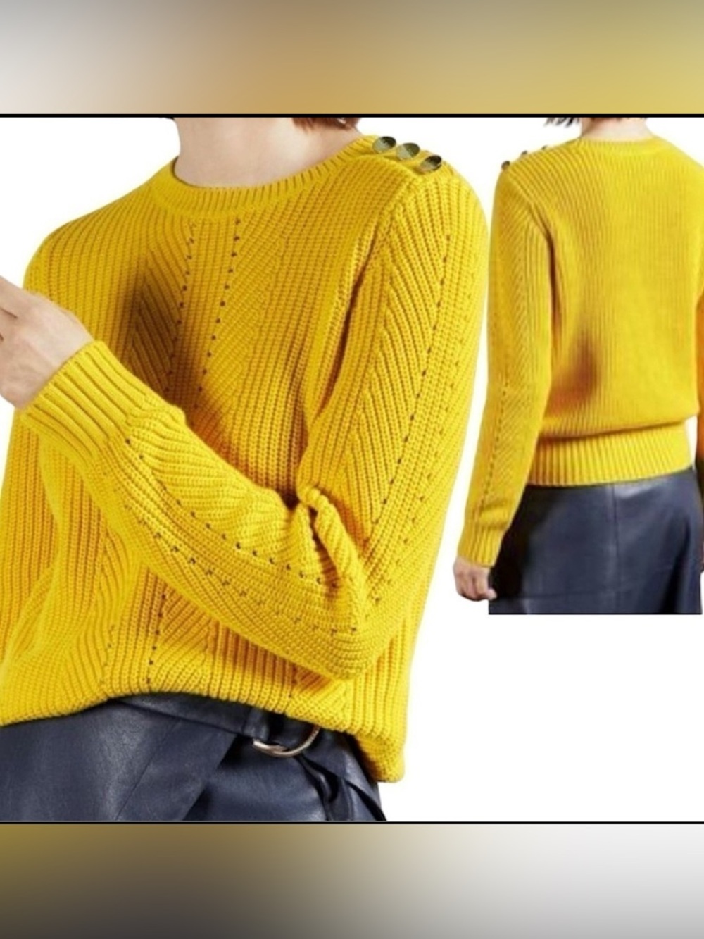Ted Baker Yellow Knit Sweater Sz 4 (L) Crew Neck Long Sleeves Pullover